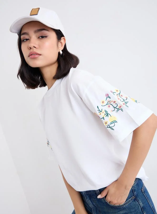 Styli Styli Floral Embroidered Round Neck Oversized T-Shirt